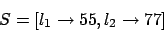 \begin{displaymath}
S = [ l_1\rightarrow 55, l_2\rightarrow 77 ]
\end{displaymath}